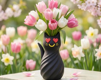 Vaso Gato com Olhos de Coração STL/3MF | Arquivo STL para Vaso de Gato | Presente para Amantes de Gatos | Decoração para Casa | Vaso de Flores Moderno com Design de Gatinho Torcido