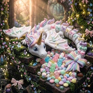 May include: A white dragon figurine with a gold horn and pastel rainbow mane, wings, and tail. The dragon is adorned with small pastel bows and is surrounded by a pile of colorful candy, including gummy bears and round sweets on a brick surface.