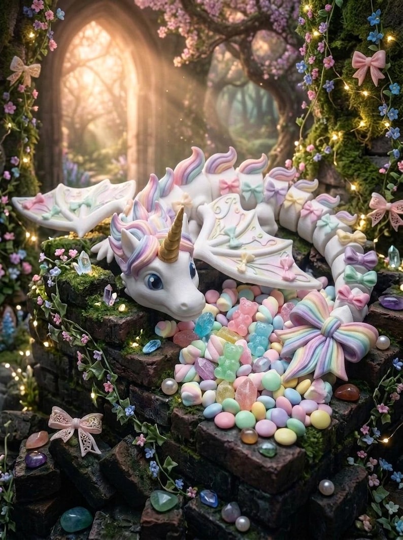 May include: A white dragon figurine with a gold horn and pastel rainbow mane, wings, and tail. The dragon is adorned with small pastel bows and is surrounded by a pile of colorful candy, including gummy bears and round sweets on a brick surface.