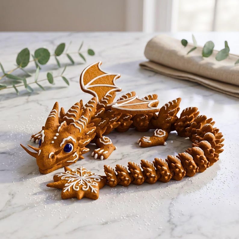 May include: A gingerbread dragon sculpture featuring intricate white icing details, dark blue eyes, and a long, segmented tail. The dragon is positioned next to a star-shaped gingerbread cookie decorated with a white icing snowflake pattern.