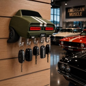 May include: A wall-mounted key holder shaped like the rear of a dark olive green 1969 muscle car with white racing stripes. The design features red taillights, a license plate reading 1969, and five silver metal hooks holding various car keys.