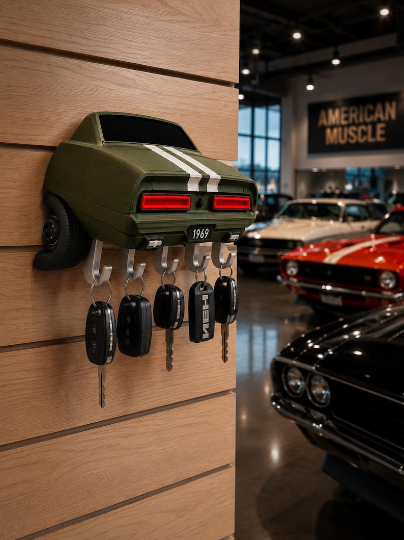 May include: A wall-mounted key holder shaped like the rear of a dark olive green 1969 muscle car with white racing stripes. The design features red taillights, a license plate reading 1969, and five silver metal hooks holding various car keys.