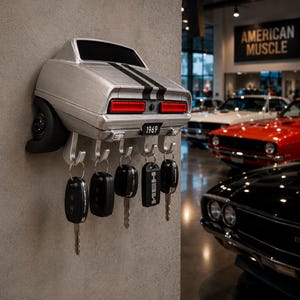 May include: A silver wall-mounted key holder shaped like the rear of a 1969 muscle car, featuring black racing stripes, red taillights, and a license plate reading 1969. It includes five metal hooks for hanging keys, with several key fobs attached.