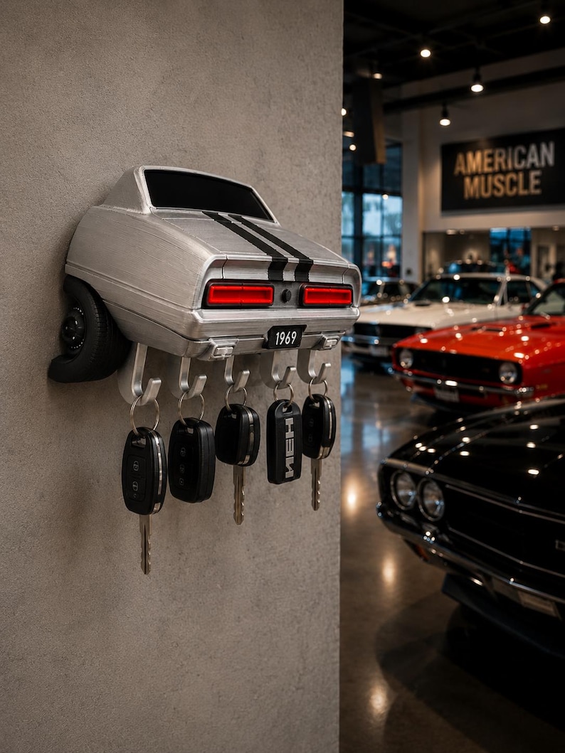 May include: A silver wall-mounted key holder shaped like the rear of a 1969 muscle car, featuring black racing stripes, red taillights, and a license plate reading 1969. It includes five metal hooks for hanging keys, with several key fobs attached.
