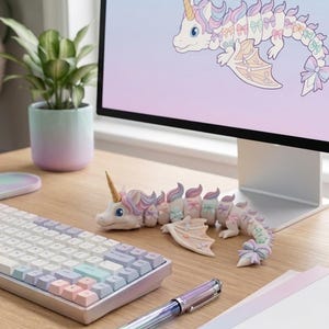 May include: A multi-jointed articulated dragon figurine featuring a white body with pastel pink, blue, and purple accents, a gold horn, and small bows attached to its segments. The dragon is positioned on a desk next to a computer keyboard and pen.