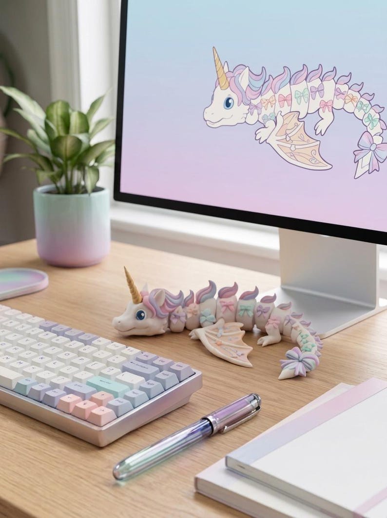 May include: A multi-jointed articulated dragon figurine featuring a white body with pastel pink, blue, and purple accents, a gold horn, and small bows attached to its segments. The dragon is positioned on a desk next to a computer keyboard and pen.