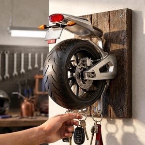 May include: A wall-mounted key holder featuring a miniature motorcycle rear wheel, tire, and tail light assembly attached to a rectangular dark wood plaque. Three metal hooks extend from the bottom to hold various metal keys and key fobs.