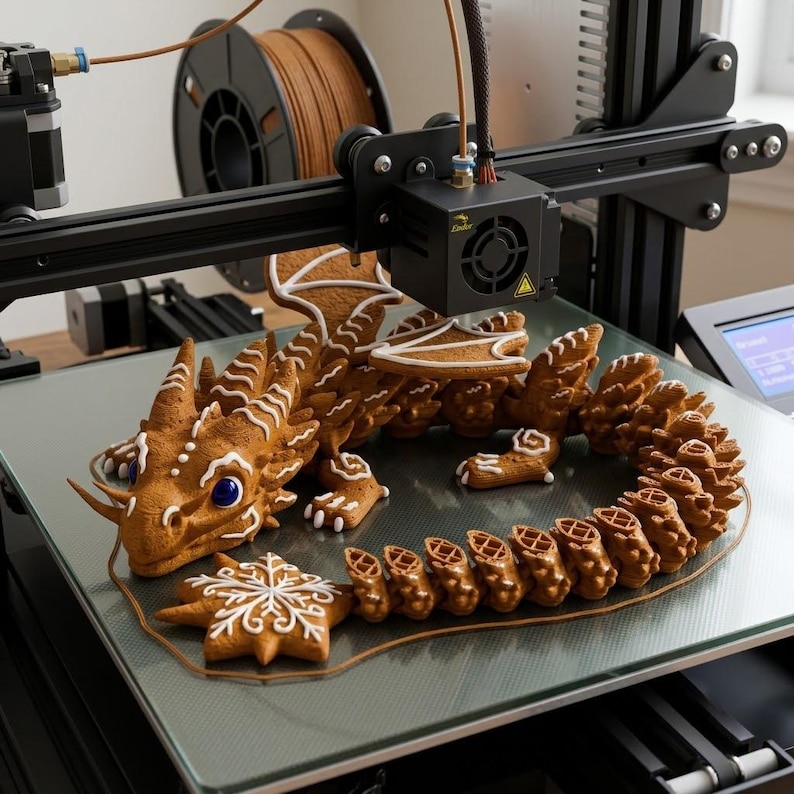 May include: A brown, textured dragon figurine with white icing details and blue eyes, positioned on the glass print bed of a black 3D printer. A brown snowflake-shaped cookie with white icing sits in front of the dragon, near the printer nozzle.