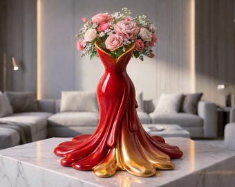 Jarrón con diseño de vestido fluido (archivo STL) / Jarrón de lujo imprimible en 3D (archivo STL) / Portavelas LED / Lámpara decorativa elegante en rojo y dorado / Decoración romántica para el hogar