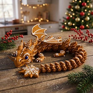 May include: A gingerbread dragon cookie featuring intricate white icing details, large blue eyes, and wings. The dragon has a long, segmented tail that curls around a star-shaped gingerbread cookie decorated with a white icing snowflake pattern.