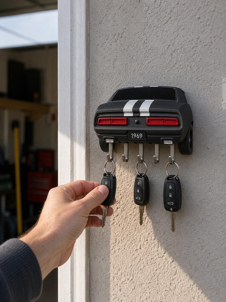 May include: A wall-mounted key holder shaped like the rear of a black 1969 muscle car with white racing stripes. The unit features four silver metal hooks for hanging keys, with three black car key fobs currently hanging from the hooks.