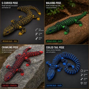 May include: Four articulated lizard figurines in different color combinations: obsidian black and gold, emerald green and black, lava red and charcoal, and electric blue and black. Each lizard features a textured, segmented body and a flexible tail.