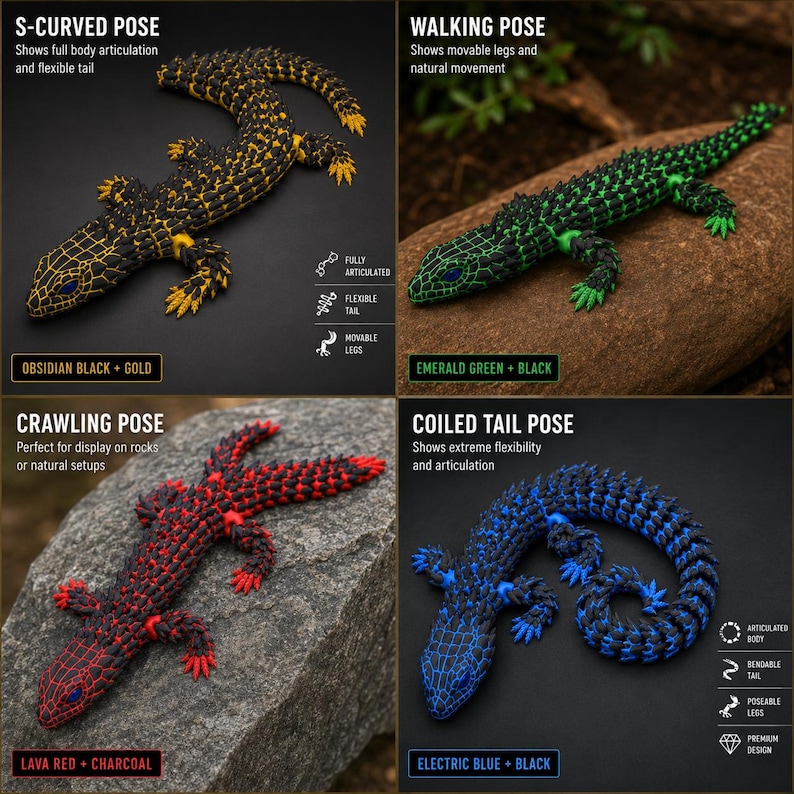 May include: Four articulated lizard figurines in different color combinations: obsidian black and gold, emerald green and black, lava red and charcoal, and electric blue and black. Each lizard features a textured, segmented body and a flexible tail.