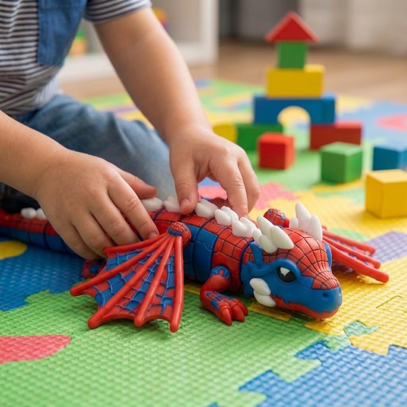 May include: A red and blue dragon toy with a spiderweb pattern on its body and wings. The dragon features white spikes along its back and head, with large dark eyes. It is positioned on a colorful foam play mat with building blocks nearby.