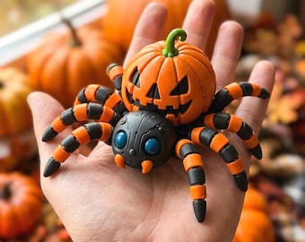 Aranha Abóbora STL e 3MF | Arquivo para Impressão 3D de Aranha Articulada e Flexível de Halloween | Brinquedo Anti-Stress de Halloween | Decoração de Mesa Fofa e Assustadora