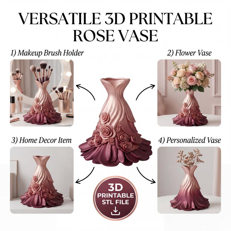 Puede incluir: Un vers&aacute;til jarr&oacute;n de rosas imprimible en 3D en degradado de rosa y burdeos. El jarr&oacute;n est&aacute; dise&ntilde;ado para guardar brochas de maquillaje, flores o como elemento de decoraci&oacute;n del hogar. El dise&ntilde;o incluye detalles de rosas y est&aacute; disponible como archivo STL.