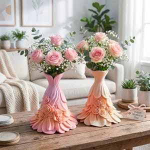 Vaso a forma di rosa con fiori (file STL) / Vaso di lusso stampabile in 3D (file STL) / Elegante vaso rosa / Portacandele / Decorazione romantica per la casa