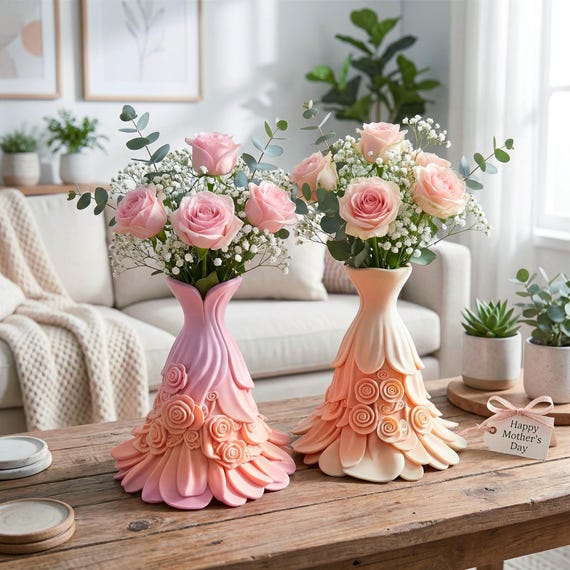 Rose Floral Dress Vase STL | Luxury 3D Printable Vase STL | Elegant Pink Vase | Tealight Holder | Romantic Home Decor