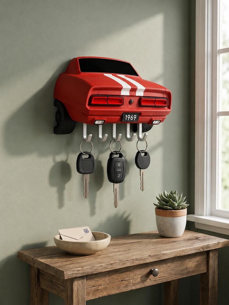 May include: A red wall-mounted key holder shaped like the rear of a 1969 muscle car with white racing stripes, black taillights, and a license plate reading 1969. It features five silver metal hooks holding three sets of car keys.