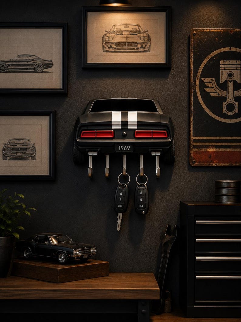 May include: A wall-mounted key holder shaped like the rear of a black 1969 muscle car with white racing stripes, red taillights, and a license plate reading 1969. The unit features four silver metal hooks for hanging keys, with two key fobs attached.