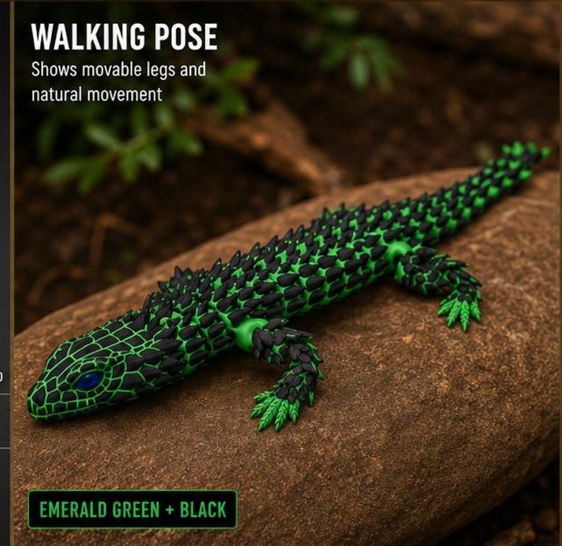 May include: An articulated lizard figurine featuring a vibrant emerald green and black color scheme with a textured, spiky back. The text WALKING POSE Shows movable legs and natural movement and EMERALD GREEN + BLACK is visible on the image.