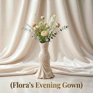 May include: A cream-colored vase shaped like an evening gown, adorned with a spiral of small, raised dots. The vase holds a bouquet of pink and white flowers with green foliage. The text "(Flora's Evening Gown)" is at the bottom.