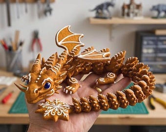 Dragão de Gengibre Flexível STL e 3MF | Dragão de Natal Articulado para Impressão | Arquivo STL de Dragão de Natal Flexível | Animal de Estimação de Mesa Flexível