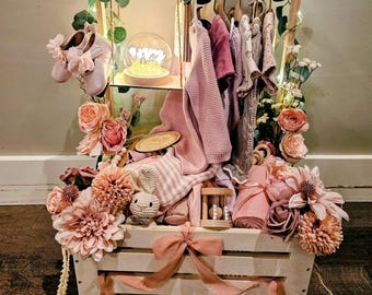 Wooden Baby Shower Crate Closet & Basket with Hanger Rack | Baby Keepsake Box | New Mom Gift | Baby Organizer Box | Baby Welcome Gift