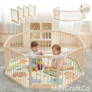 Large Foldable Wooden Baby Playpen with Gate | Wooden Toys | Play Room | Nursery Pen | Toddler Bed Frame | Bedroom Furniture | Kids Bedroom