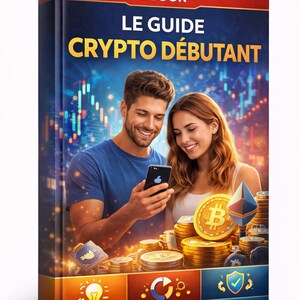 May include: E-book cover titled "LE GUIDE CRYPTO DÉBUTANT" with a blue and gold design. The cover features a man and woman looking at a phone, with Bitcoin and Ethereum symbols and gold coins. The bottom banner reads "CONCEPTS CLÉS, ACHAT & ÉCHANGE, DÉBUTER EN SÉCURITÉ."