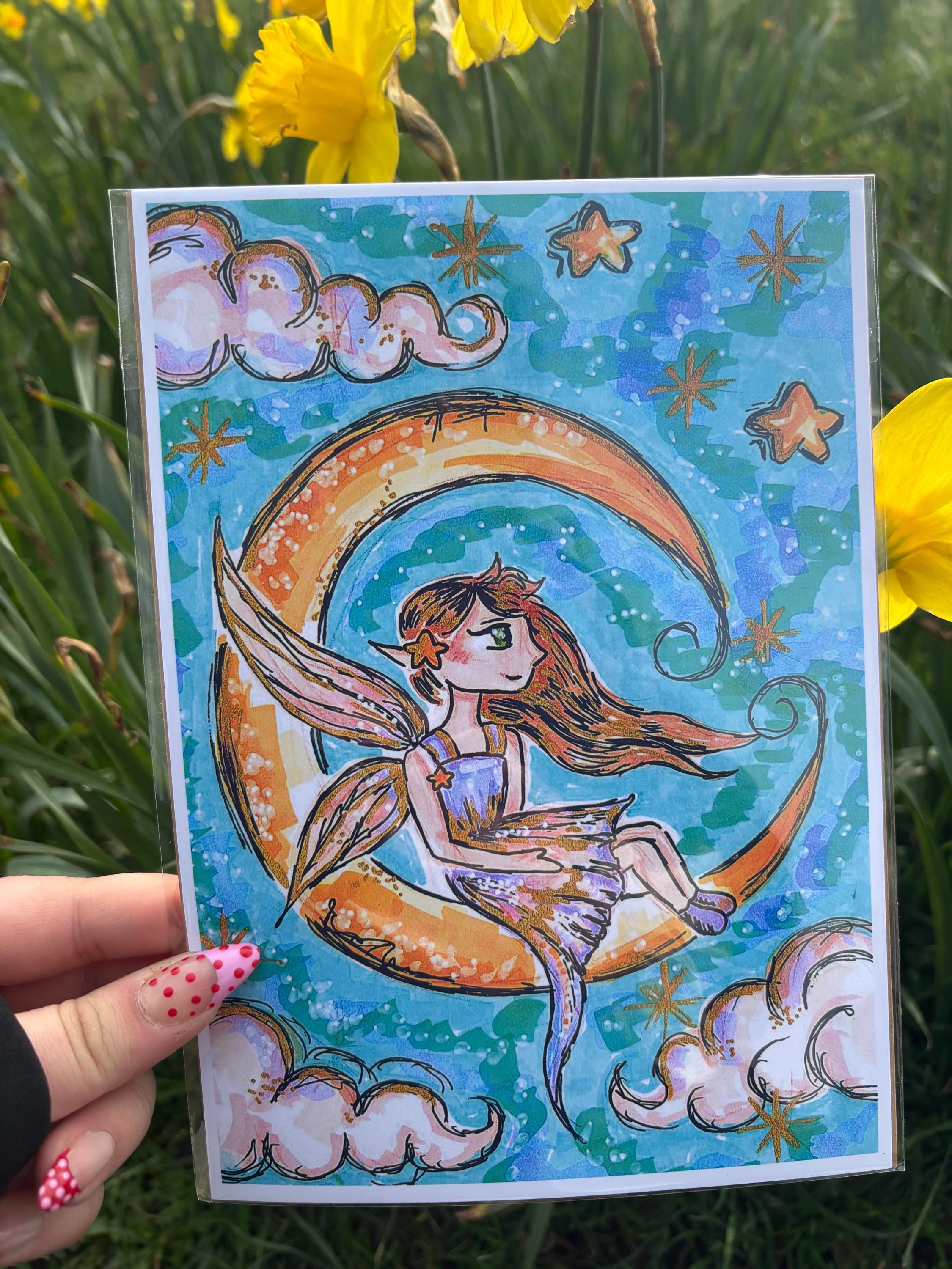 Fairy on Crescent Moon Art Print – Celestial Fantasy Wall Art – Dreamy ...
