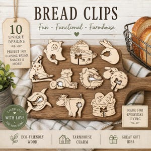 Op de afbeelding: Een verzameling van tien lasergesneden houten broodclips in verschillende dier- en objectontwerpen, waaronder een varken, kat en brood. De tekst op het label luidt "10 Unique Designs". De clips worden getoond op een houten snijplank.