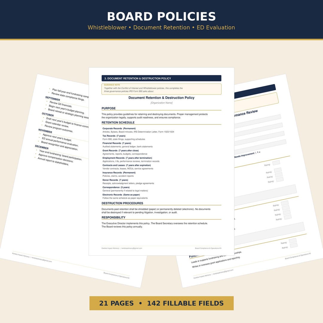Unit Retention Board Examples Nonprofit Board Policies Template Kit | Whistleblower Policy Document ...