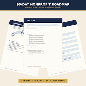 May include: A 90-day nonprofit roadmap document titled "90-DAY NONPROFIT ROADMAP" with the subtitle "Structured Action Planning for Emerging Founders." The document includes phases, days, and fillable fields.
