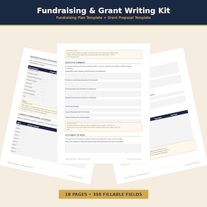 Può includere: Un kit per la raccolta fondi e la scrittura di sovvenzioni, con un modello di piano di raccolta fondi e un modello di proposta di sovvenzione. L'immagine mostra diverse pagine bianche con campi compilabili, tra cui sezioni per le fonti di reddito, i riepiloghi e le tempistiche dei progetti. Il kit contiene 18 pagine e 358 campi compilabili.
