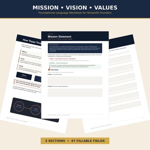 May include: A workbook titled "MISSION • VISION • VALUES" for nonprofit founders. The pages include sections on mission statements, vision, and values, with fillable fields and prompts. The workbook has 3 sections and 47 fillable fields.
