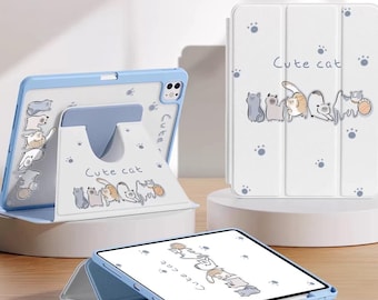 Line Art Cat iPad Air 8 Rotating Stand Case, iPad Pro 11 / iPad 11th Gen / Mini 7 / 10th/9th Gen - with Pen Slot, iPad Cases