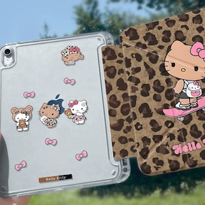 Leopard Print Hello Kitty iPad Air 8 Tri + Y Fold Case, Air 5/4 / Pro 11 / iPad 11th Gen / Mini 7 / 10th/9th Gen - with Pencil Holder