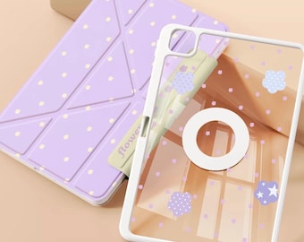 iPad Air 8 Magnetic Detachable Tri-Fold Y-Stand Case, Purple Polka Dot Flowers Cover With Pen Slot, iPad Air 7 / Mini 7 / Pro 11 / 10th Gen