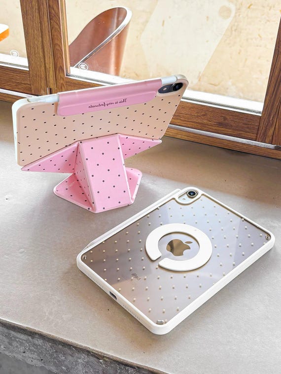 iPad Air 8 Pink & Yellow Polka Dot Case, Magnetic Detachable Floating Stand, (iPad Mini 7 / Pro 11 / 10th Gen)