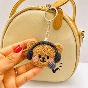 Streamer Bear Punch Needle Keychain, Gamer Mic Yarn Accessory, Cute Tactile Bag Charm