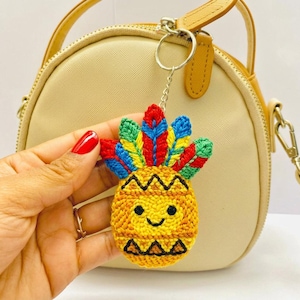 Punch Needle Macaw Keychain, Aztec Pineapple Design, Fiber Art Bag Charm, Looped Yarn Accessory