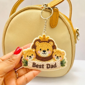 Lion Family Crest Punch Needle Keychain, Handmade Dad Gift, Soft Looped Yarn Bag Charm