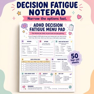 ADHD Decision Fatigue Notepad, Decision Checklist Tear Pad, Executive Dysfunction Help, Good Enough Choice, 50 Sheet 8.5 x 11 Desk Pad