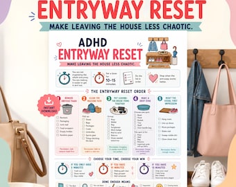 ADHD Entryway Organizer, Leaving the House Checklist, Lost Keys Help, Shoe Clutter Reset, Entryway Drop Zone PDF