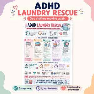 May include: A printed guide titled ADHD LAUNDRY RESCUE with a 5-step process for managing laundry. It includes icons, checklists, and text instructions for sorting, washing, and organizing clothes, plus time-based goals of 5, 10, and 15 minutes.