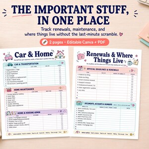 Pode incluir: Duas p&aacute;ginas de planejador imprim&iacute;veis com o texto "THE IMPORTANT STUFF, IN ONE PLACE". As p&aacute;ginas s&atilde;o para rastrear a manuten&ccedil;&atilde;o da casa e do carro, renova&ccedil;&otilde;es e documentos importantes. As p&aacute;ginas s&atilde;o decoradas com cores pastel e ilustra&ccedil;&otilde;es fofas.