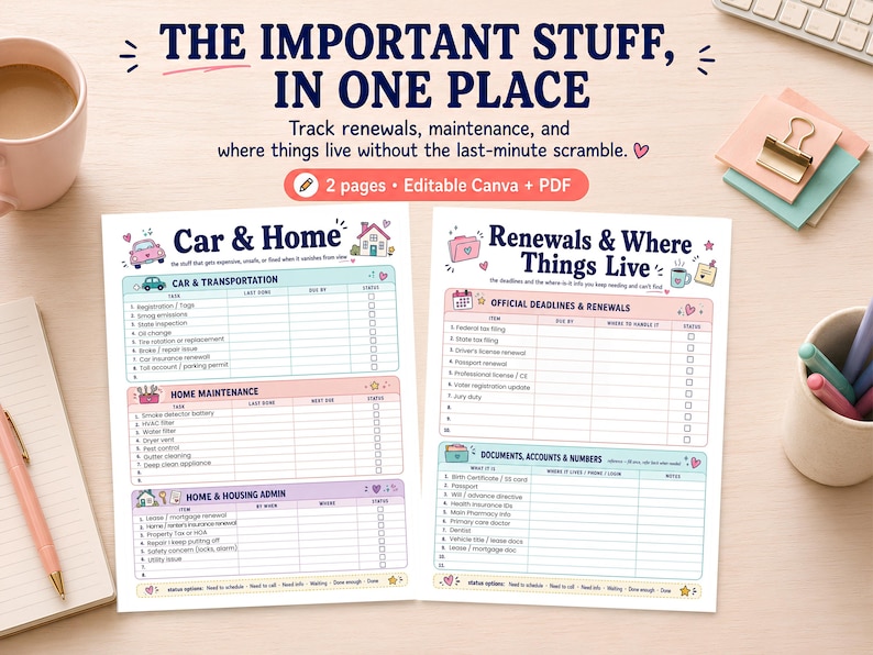 Pode incluir: Duas p&aacute;ginas de planejador imprim&iacute;veis com o texto "THE IMPORTANT STUFF, IN ONE PLACE". As p&aacute;ginas s&atilde;o para rastrear a manuten&ccedil;&atilde;o da casa e do carro, renova&ccedil;&otilde;es e documentos importantes. As p&aacute;ginas s&atilde;o decoradas com cores pastel e ilustra&ccedil;&otilde;es fofas.