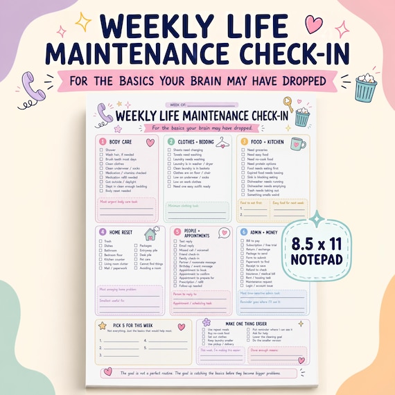 ADHD Life Maintenance Notepad, Weekly Check In Tear Pad, Adulting Checklist, Body Care Laundry Kitchen Admin Tasks, 50 Sheet 8.5x11 Pad