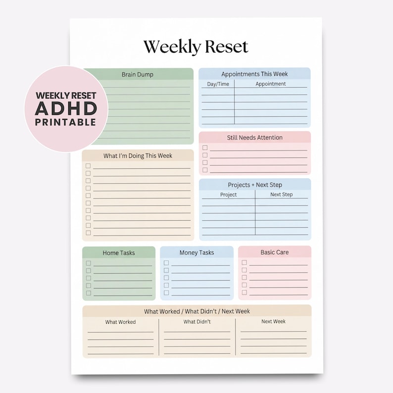 Pode incluir: Um planejador semanal imprim&iacute;vel intitulado "Weekly Reset ADHD Printable". O planejador apresenta se&ccedil;&otilde;es para anota&ccedil;&otilde;es, compromissos, tarefas, projetos e muito mais. O design incorpora cores past&eacute;is e um layout limpo para organiza&ccedil;&atilde;o.